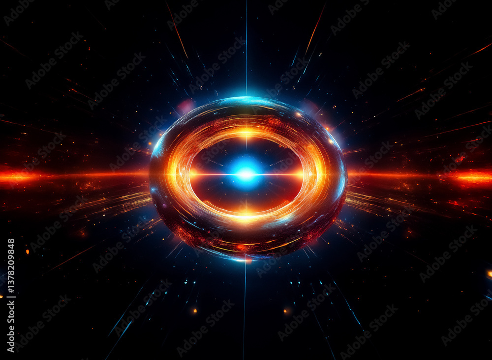 Poster luminous sphere emitting radial streaks of light in deep blackness. vibrant central glow and colorfu