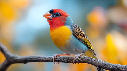 Obraz premium A colorful bird perched on a branch with pink flowers in the background