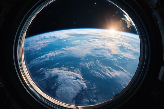 Earth view from spacecraft window with sunrise on horizon - Powered by Adobe