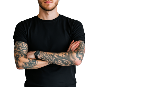 Man with tattoos and beard crossing arms, cut out transparent - Powered by Adobe