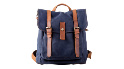 Stylish blue backpack with brown leather straps, cut out transparent