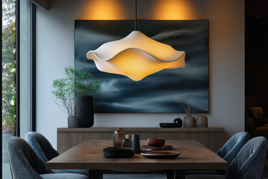 Salle &agrave; manger minimaliste avec suspension blanche design, table en bois fonc&eacute;, chaises en velours bleu et grande toile abstraite dans une ambiance tamis&eacute;e &eacute;l&eacute;gante