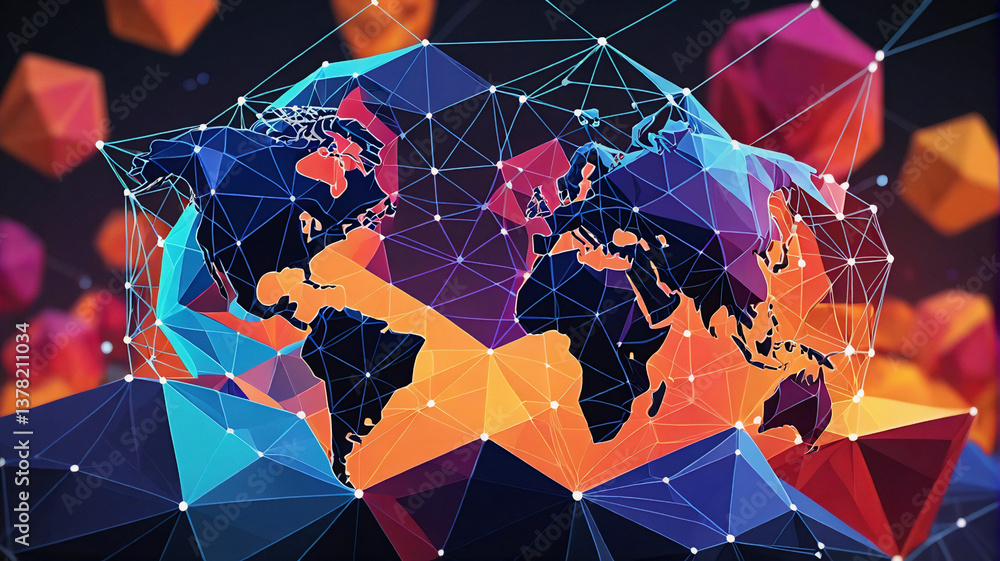 Poster geometric world map with vibrant colors and network connections. abstract polygonal design represent