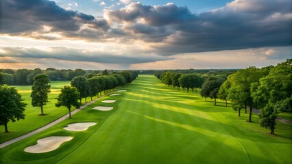Naklejka premium Beautiful Aerial View of Golf Course with Lush Green Fairways, Trees, and Dramatic Sky with Clouds