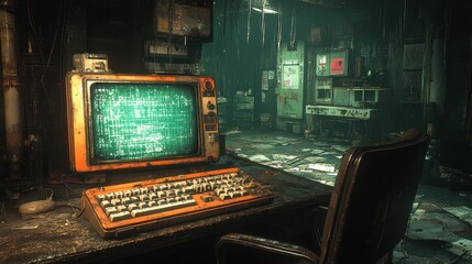 Obraz premium Abandoned lab workstation, cluttered room, vintage computer, eerie background. Possible use Sci-fi, horror, apocalypse stock