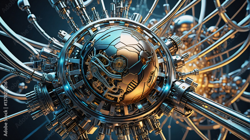Poster intricate metallic sphere intertwined with a complex network of tubes and wires, creating a futurist
