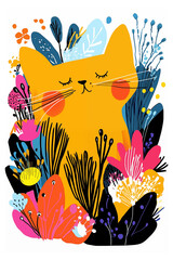 A cute kawaii cat face surrounded by vibrant, hand-drawn floral elements. print t-shirt design perfect for kids’ designs, stationery, and textiles