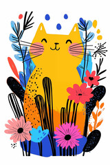 A cute kawaii cat face surrounded by vibrant, hand-drawn floral elements. print t-shirt design perfect for kids’ designs, stationery, and textiles