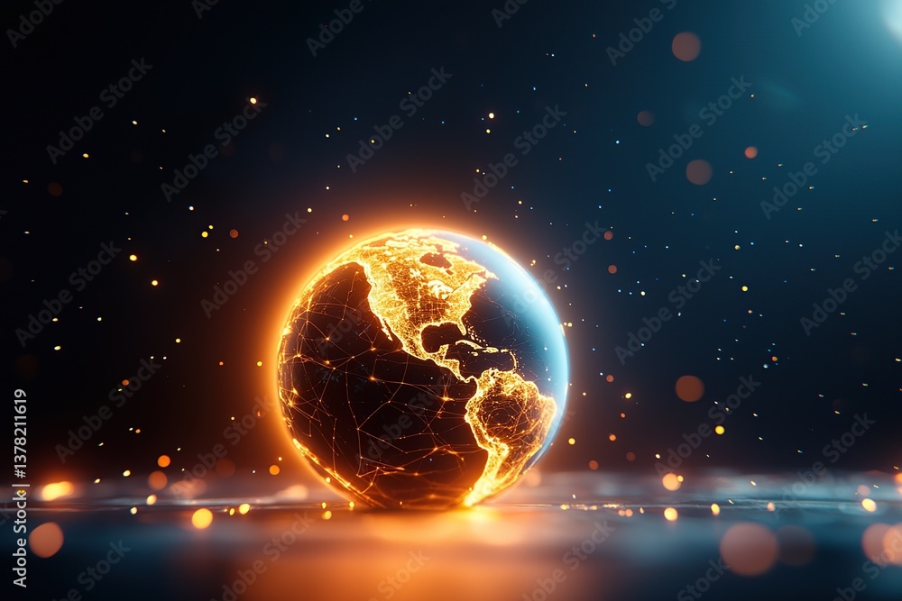 Poster a glowing digital globe surrounded by sparkling particles, symbolizing connectivity and technology.