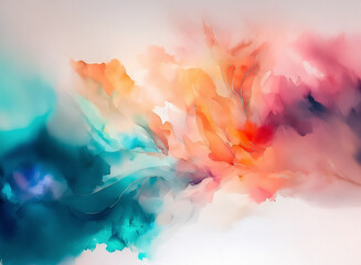 Vibrant abstract watercolor art with flowing blends of orange, pink, teal, and blue hues. Soft washes create a dreamy, ethereal, and dynamic composition.