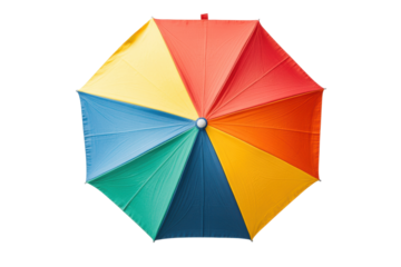 Colorful rainbow umbrella with multicolored panels displayed on black background, cut out