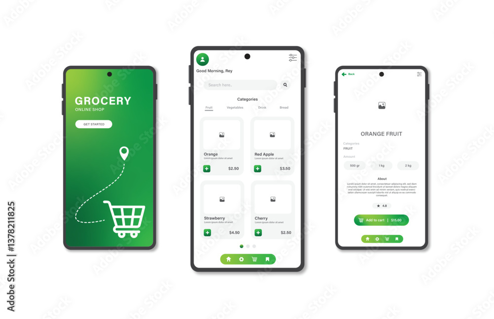 Poster application to buy groceries. collection of online grocery store interface templates. responsive gui