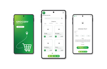 Application to buy groceries. Collection of online grocery store interface templates. Responsive GUI for mobile applications. Vector illustration