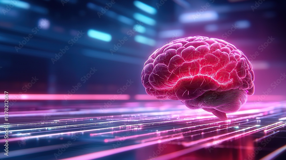 Poster futuristic brain design with neon lights and digital patterns in the background.
