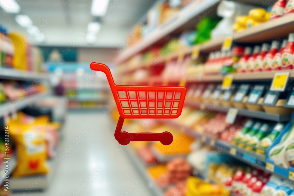 Poster a red shopping cart icon is in focus against a blurred supermarket aisle filled with various product