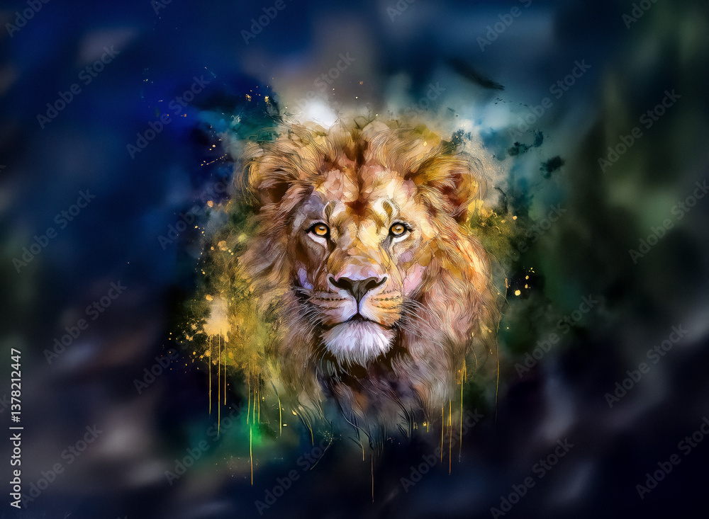 Poster majestic lion portrait with a vibrant and colorful splash art effect. the king of the jungle gazes i