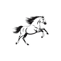 A black and white vector silhouette of a rearing horse with its front legs raised on a white background
