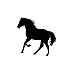 A black and white vector illustration of a group of wild horses running together on a white background