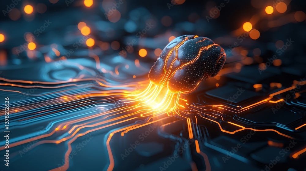 Poster a digital brain connected to circuit patterns, symbolizing technology and innovation.