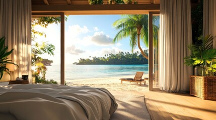 Cozy bedroom in a bungalow with a picturesque view of a tropical beach on a sunny day