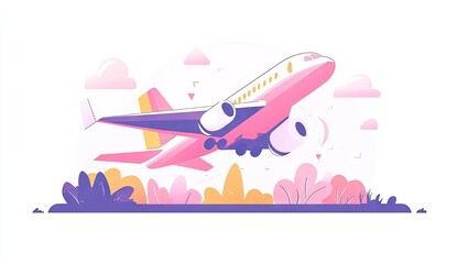 Pink airplane taking off over colorful landscape
