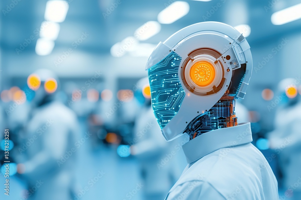 Poster futuristic robot with glowing features in a high-tech environment.