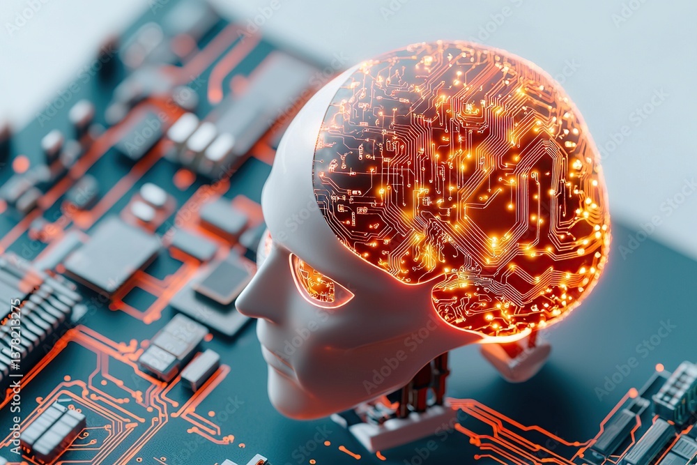 Poster a futuristic robotic head with glowing circuitry on a circuit board background.
