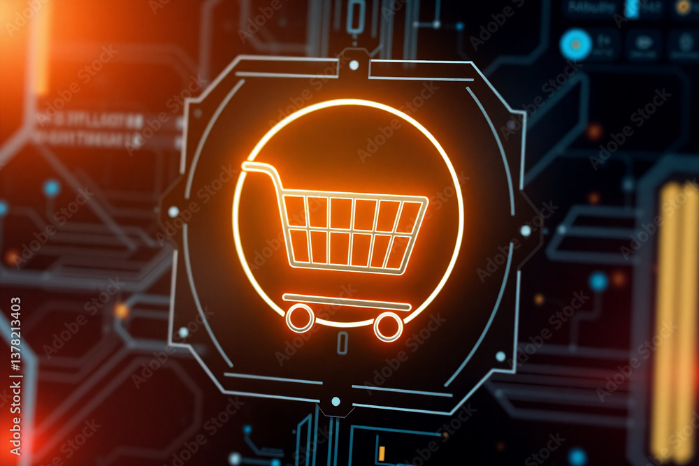 Aufkleber digital shopping concept with a glowing cart icon on a futuristic circuit board background, represen