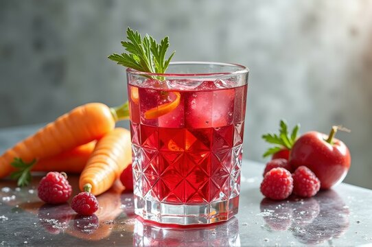 Refreshing raspberry carrot juice cocktail with apple and parsley garnish on ice