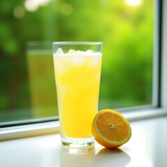 Fototapeta premium A tall glass of ice-cold lemon juice with a lemon slice, placed on a white table against a vibrant green garden background. Refreshing and natural.