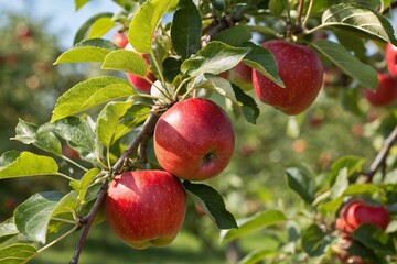 Sun-kissed red apples ripening on a lush green branch, a vibrant autumn harvest scene in a sun-drenched orchard.