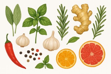 A beautifully illustrated collection of fresh herbs, spices, and citrus fruits arranged on a plain backdrop.