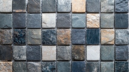 Abstract ceramic mosaic tile wall texture, commonly seen in kitchens, bathrooms, or living rooms. 