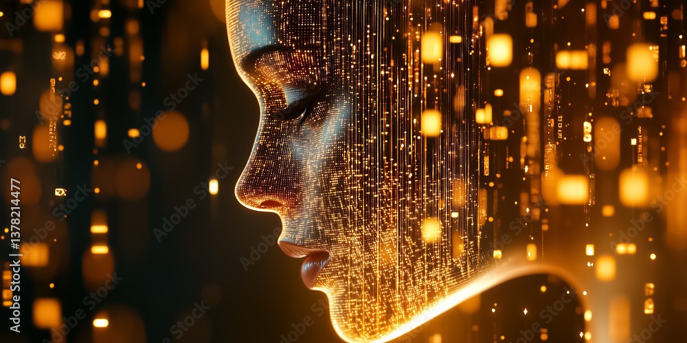 Aufkleber digital representation of a face profile with glowing particles in a dark setting. concept of futuri