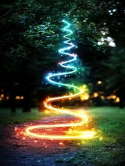 Obraz premium Magical light spiral installation outdoor park digital art nature low angle enchanting illumination experience