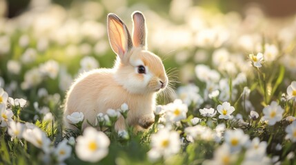 Fototapeta premium A small bunny sits in a field of white wildflowers
