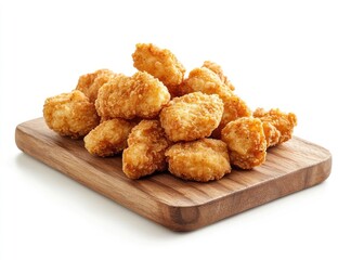Crispy chicken bites on a wooden board