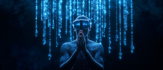 abstract, futuristic man praying concept; technology, virtual reality goggles & faith connected on abstact vision; new tech, digital background