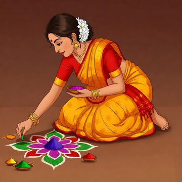 A woman making a rangoli on the floor