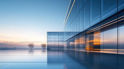 Modern Glass Building at Sunset: Architectural Design and Serenity