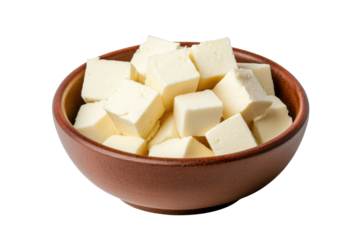 Bowl of cubed fresh tofu isolated on black background, cut out