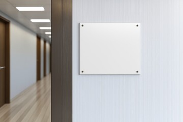 Office Interior with Blank Sign and Corridor, A modern office space with a customizable sign.