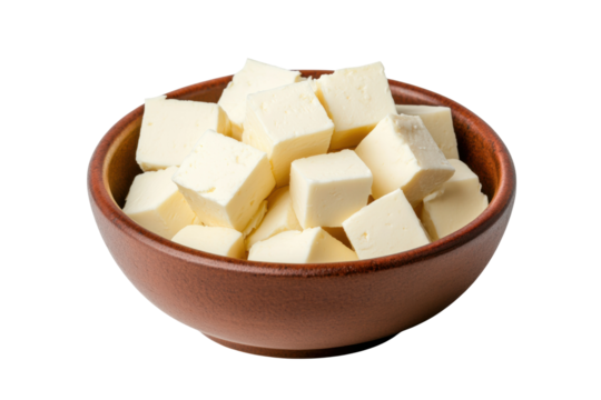 Bowl of cubed fresh tofu isolated on black background, cut out