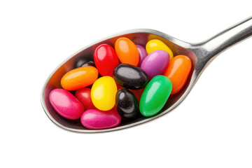Colorful assortment of jelly beans in a silver spoon on black background, cut out