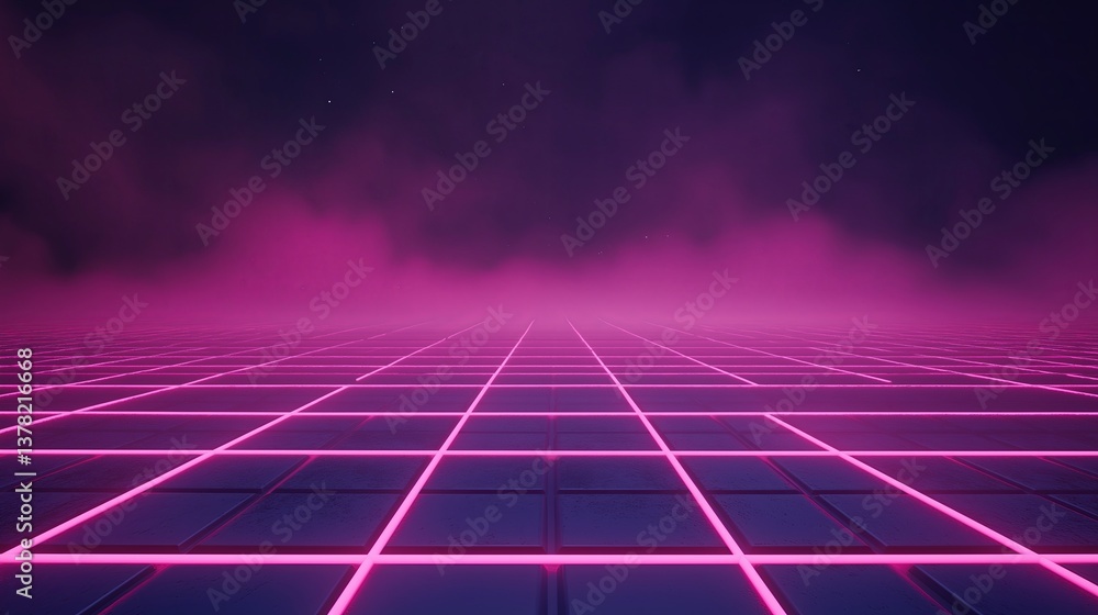 Poster a dark, minimalist neon grid fading into infinite space