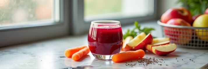 Fresh carrot and apple juice with chia seeds on kitchen counter