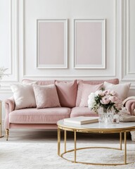 Fototapeta premium Pink sofa in elegant living room with gold coffee table and pink flowers.