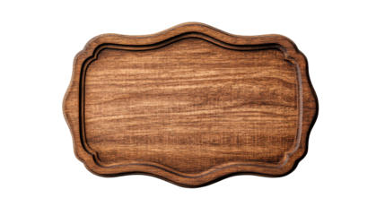 Wooden cutting board with patterned edges, top view, cut out transparent