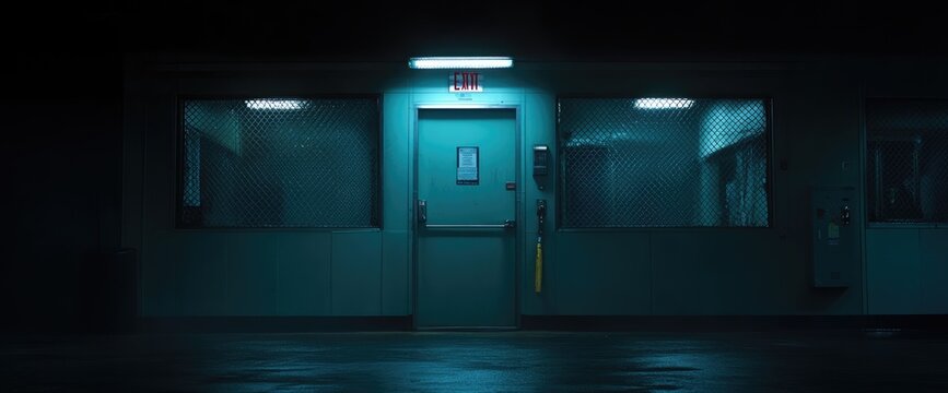 Emergency exit with windows, blue light