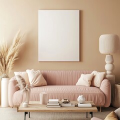 Pink sofa, pampas grass, and blank canvas in a beige living room.